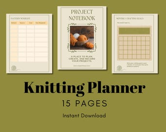 Puede incluir: Un planificador de tejido imprimible de 15 páginas. La portada presenta una foto de ovillos de lana y agujas de tejer en una cesta. El texto en la portada dice "Project Notebook" y "A place to plan, create, and record your projects."