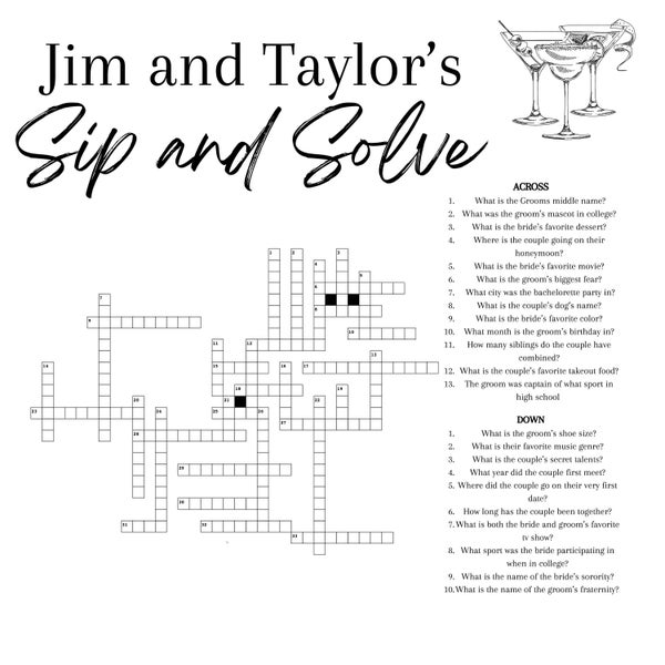 Sip and Solve Wedding Cocktail Hour Crossword Puzzle- Custom