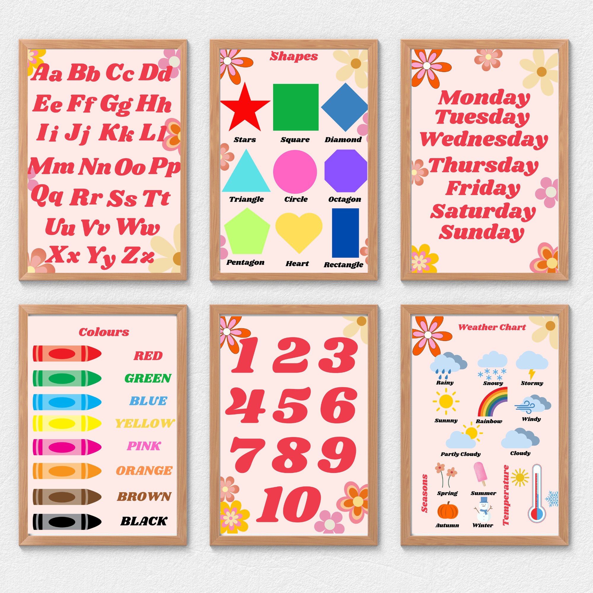 Toddler Educational Posters Shapes Colours Numbers Alphabet Montessori