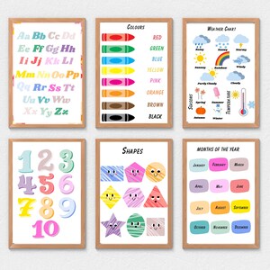 Pôsteres educacionais para crianças, formas, cores, números, alfabeto montessori, aprendizagem, pôsteres, arte de parede para crianças, conjunto de 7