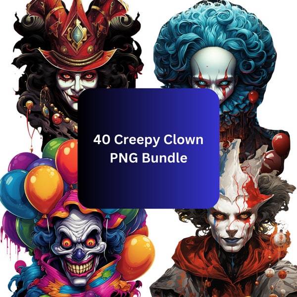 Scary Clowns Clipart Bundle - 40 PNG Halloween Clown Images, Spooky Creepy Graphics, Téléchargement numérique instantané, Utilisation commerciale