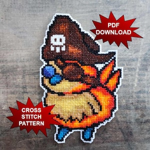 May include: A cross stitch pattern of a cartoon character with brown, orange, yellow, and blue colors. The image includes the text "PDF DOWNLOAD" and "CROSS STITCH PATTERN" in red starburst shapes.