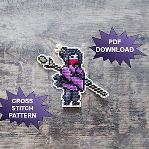 Peut inclure: Motif de point de croix d'un personnage ninja pixélisé en violet, noir et rouge, tenant un bâton. L'image comprend le texte "PDF DOWNLOAD" et "CROSS STITCH PATTERN" dans des formes d'éclats d'étoiles violettes.