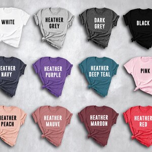 May include: Twelve t-shirts in a variety of colours, including white, grey, black, navy, purple, teal, pink, peach, mauve, maroon, and red. Each shirt has a different colour and a text label indicating the colour.