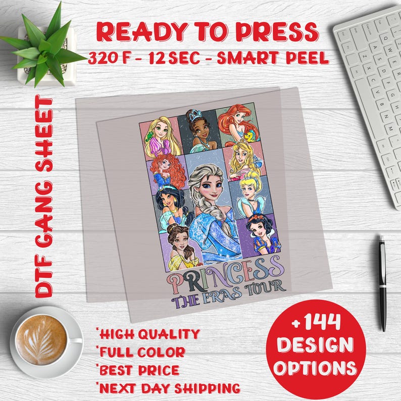 May include: A digital transfer design sheet featuring a collage of Disney princesses with the text "Princess The Eras Tour". The design is ready to press with instructions for heat transfer.
