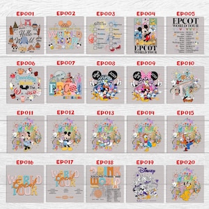 May include: A set of 20 colorful t-shirt designs featuring the Epcot World Showcase, Mickey Mouse, and other Disney characters. The designs include text such as "Epcot World Tour", "Drink Around the World", and "Snacking Around the World".