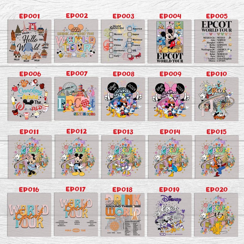 May include: A set of 20 colorful t-shirt designs featuring the Epcot World Showcase, Mickey Mouse, and other Disney characters. The designs include text such as "Epcot World Tour", "Drink Around the World", and "Snacking Around the World".