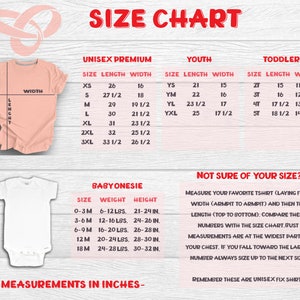 May include: Size chart for unisex, youth, and toddler t-shirts. The chart shows the length and width measurements in inches for each size. It also includes a size chart for baby onesies, showing weight and height measurements in pounds and inches.
