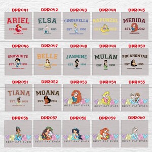 May include: A collage of 10 different Disney princess characters, each with their name and the year they were established. The princesses are Ariel, Elsa, Cinderella, Rapunzel, Merida, Snow White, Belle, Jasmine, Mulan, and Pocahontas. The collage is in a grid format with 5 rows and 2 columns. Each princess is depicted in a cartoon style with a colorful background.