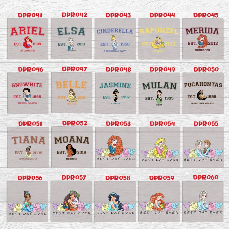May include: A collage of 10 different Disney princess characters, each with their name and the year they were established. The princesses are Ariel, Elsa, Cinderella, Rapunzel, Merida, Snow White, Belle, Jasmine, Mulan, and Pocahontas. The collage is in a grid format with 5 rows and 2 columns. Each princess is depicted in a cartoon style with a colorful background.