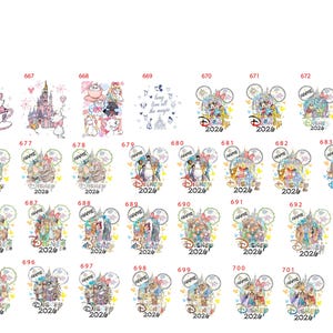 May include: A collection of Disney-themed designs, featuring characters like Marie, Cinderella, and Ariel, along with the text "Disney 2026". The designs are colorful and whimsical, with a variety of styles.