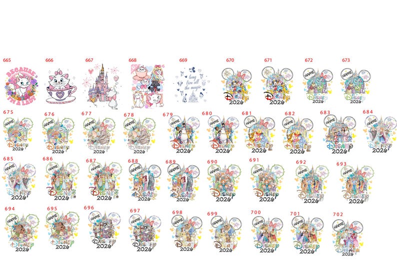 May include: A collection of Disney-themed designs, featuring characters like Marie, Cinderella, and Ariel, along with the text "Disney 2026". The designs are colorful and whimsical, with a variety of styles.