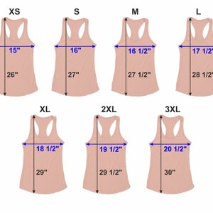 May include: Size chart for a tank top in various sizes from XS to 3XL. The chart shows the width and length measurements in inches for each size.