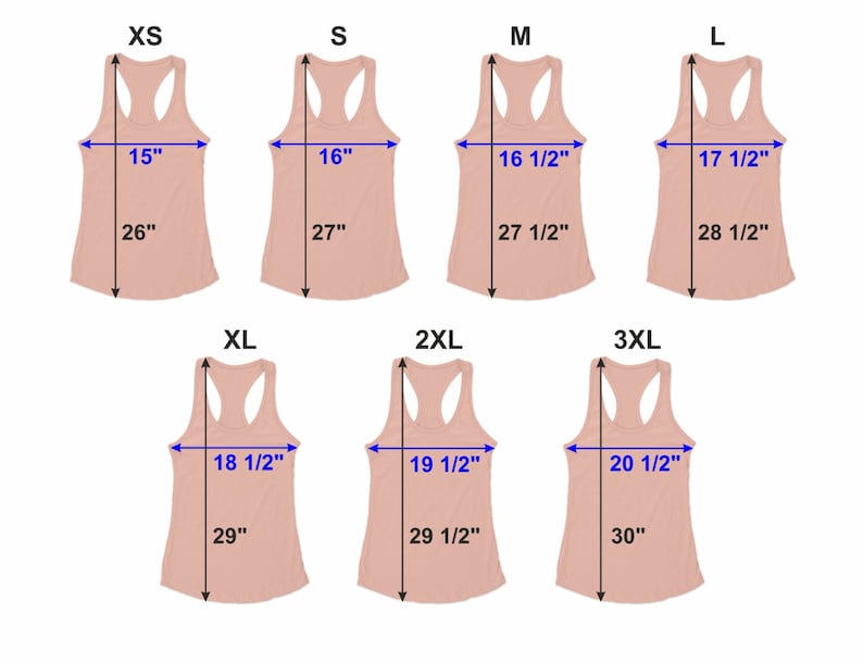 May include: Six light pink racerback tank tops are displayed, ranging from XS to 3XL. Measurements are provided in inches, with chest widths from 15" to 20 1/2" and lengths from 26" to 30". The image shows the dimensions.