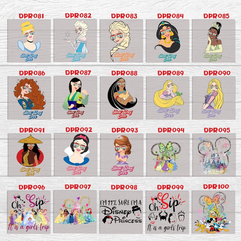 May include: A digital collage sheet with 10 rows of 5 images each. Each image features a different Disney princess wearing sunglasses and a t-shirt with the text "Best Day Ever". The images are arranged in a grid pattern and are all in a cartoon style.