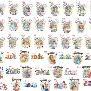 May include: A collection of Disney-themed designs, featuring characters and logos. Each design includes the year 2026 or 2025, and some feature the text "Disneyworld". The images are colorful and whimsical, perfect for fans.
