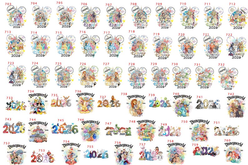 May include: A collection of Disney-themed designs, featuring characters and logos. Each design includes the year 2026 or 2025, and some feature the text "Disneyworld". The images are colorful and whimsical, perfect for fans.