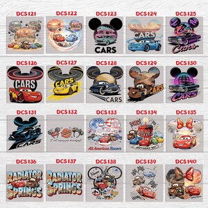 May include: A collection of 20 gray square designs featuring various Cars movie characters and themes. Each design includes the text "Cars" or "Radiator Springs" and a unique graphic, such as race cars, birthday cakes, and fireworks.