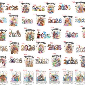 May include: A collection of Disney World-themed designs, each featuring characters and the year 2026. The designs include various Disney characters and logos, with a watercolor style. The images are in a rectangular format.