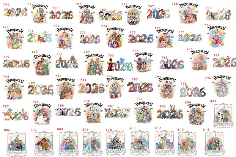 May include: A collection of Disney World-themed designs, each featuring characters and the year 2026. The designs include various Disney characters and logos, with a watercolor style. The images are in a rectangular format.