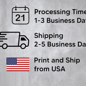 Pu&ograve; includere: Illustrazione di un calendario con il numero 21, un camion di consegna e la bandiera americana. Il testo recita: Tempo di elaborazione 1-3 giorni lavorativi, Spedizione 2-5 giorni lavorativi, Stampa e spedizione dagli Stati Uniti.