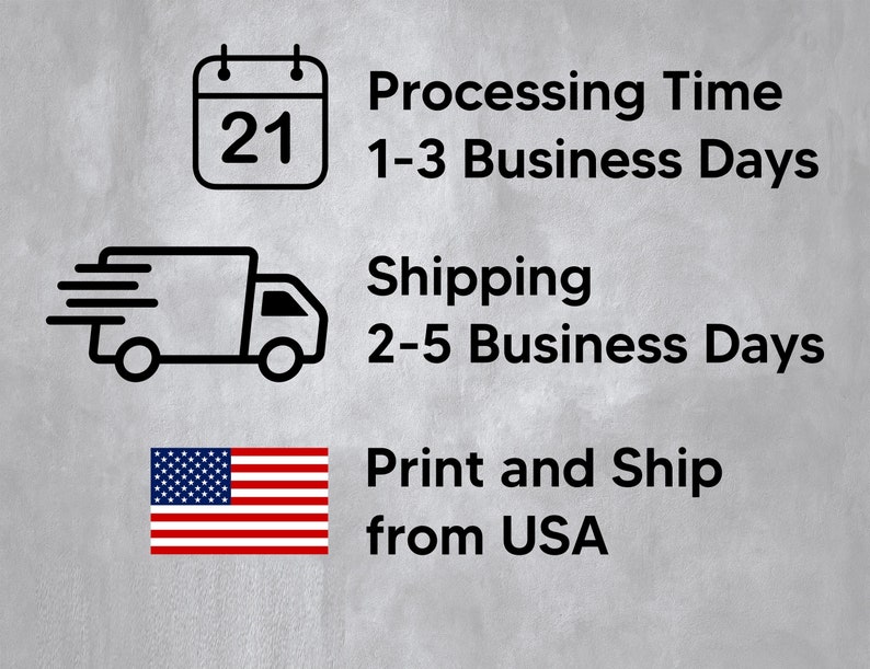 Pu&ograve; includere: Illustrazione di un calendario con il numero 21, un camion di consegna e la bandiera americana. Il testo recita: Tempo di elaborazione 1-3 giorni lavorativi, Spedizione 2-5 giorni lavorativi, Stampa e spedizione dagli Stati Uniti.