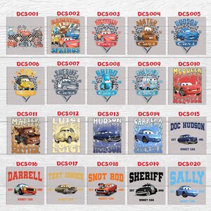 May include: A collection of 20 rectangular designs featuring various characters and logos from the Disney Cars movie franchise. Each design includes a car image, character name, and the text "Cars".
