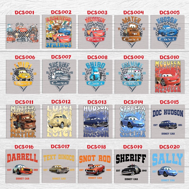May include: A collection of 20 rectangular designs featuring various characters and logos from the Disney Cars movie franchise. Each design includes a car image, character name, and the text "Cars".
