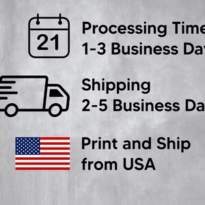 May include: Illustration of a calendar with the number 21, a delivery truck, and the American flag. Text reads: Processing Time 1-3 Business Days, Shipping 2-5 Business Days, Print and Ship from USA.