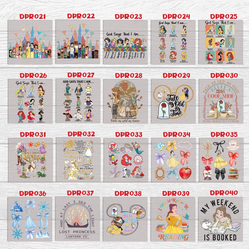 May include: A collage of 40 different Disney princess-themed designs. Each design features a different princess, quote, or image. The designs are arranged in a grid of 5 rows and 8 columns. The designs are all in a light gray color scheme.