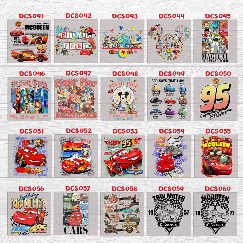 May include: A collection of square designs featuring characters and themes from the animated film "Cars." Designs include Lightning McQueen, Pixar Fest, and other characters. Each design has a unique graphic and text.