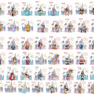 May include: A collection of watercolor illustrations featuring various Disney characters, each set against a backdrop of a castle and fireworks. The images are numbered from 863 to 922, showcasing a variety of beloved characters.