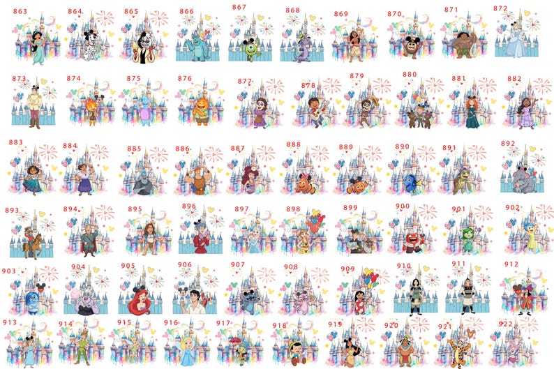 May include: A collection of watercolor illustrations featuring various Disney characters, each set against a backdrop of a castle and fireworks. The images are numbered from 863 to 922, showcasing a variety of beloved characters.