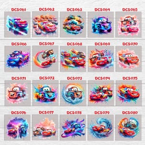 May include: Twenty square prints showcasing vibrant cartoon car illustrations. Each print features a unique design with bright colours and the text "DCS" followed by a number. The cars are shown in dynamic action poses.