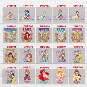 May include: A digital collage of 20 different Disney princess designs. Each design features a princess character with a floral background and a unique phrase. The designs are arranged in a grid of 5 rows and 4 columns.