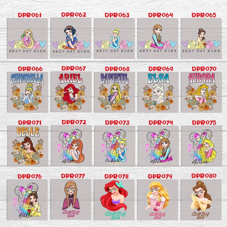 May include: A digital collage of 20 different Disney princess designs. Each design features a princess character with a floral background and a unique phrase. The designs are arranged in a grid of 5 rows and 4 columns.