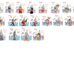 May include: A collection of watercolor illustrations featuring various cartoon characters in front of a castle. Each image has a unique character, including a princess, a villain, and other animated figures. The backgrounds include fireworks and hearts.