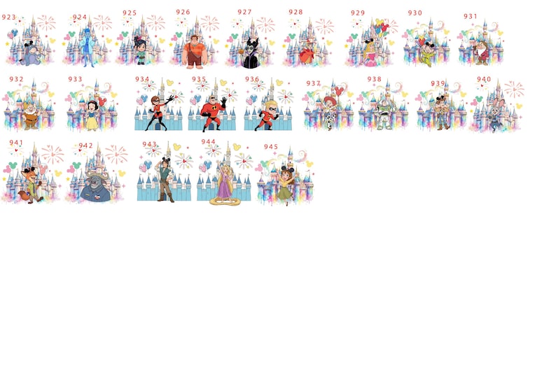May include: A collection of watercolor illustrations featuring various cartoon characters in front of a castle. Each image has a unique character, including a princess, a villain, and other animated figures. The backgrounds include fireworks and hearts.