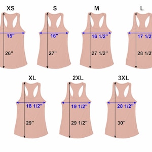 May include: Size chart for a tank top in various sizes from XS to 3XL. The chart shows the width and length measurements in inches for each size.