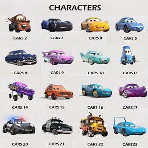 Pu&ograve; includere: Un grafico colorato con 24 diverse auto dei cartoni animati della serie di film Cars. Ogni auto &egrave; etichettata con il suo numero corrispondente da 1 a 24.