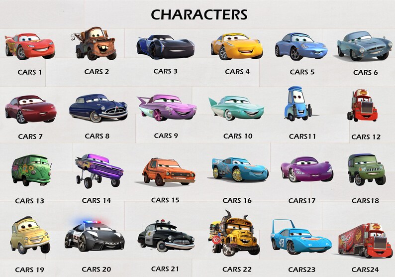 Pu&ograve; includere: Un grafico colorato con 24 diverse auto dei cartoni animati della serie di film Cars. Ogni auto &egrave; etichettata con il suo numero corrispondente da 1 a 24.