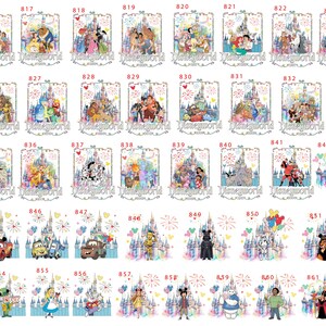 May include: A collection of Disney-themed designs featuring various characters and scenes from popular animated movies. Each design includes a castle, fireworks, and the text "Disneyland". The designs are colorful and whimsical.