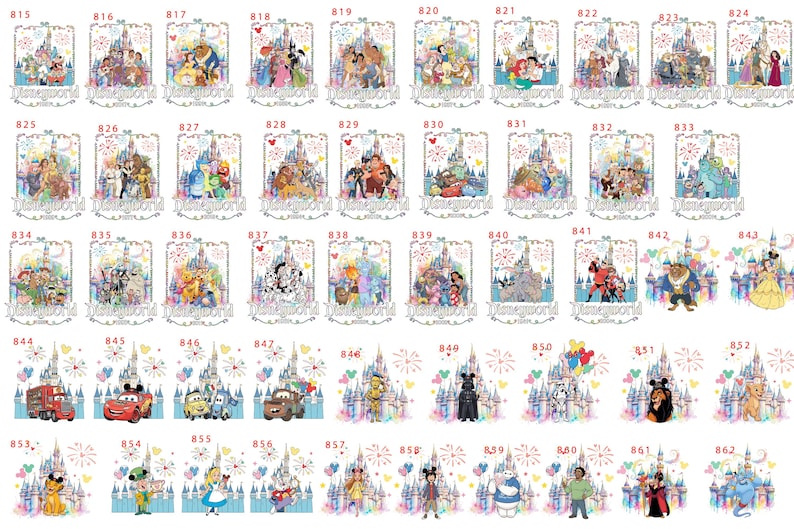 May include: A collection of Disney-themed designs featuring various characters and scenes from popular animated movies. Each design includes a castle, fireworks, and the text "Disneyland". The designs are colorful and whimsical.