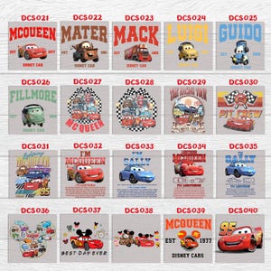 May include: A selection of square designs featuring characters from the Disney Cars film. Each design includes a character image, the character's name, and the Disney Cars logo. The designs are in various colours.