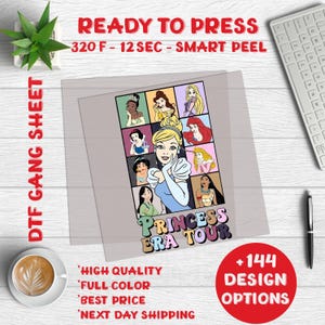 May include: A digital transfer sheet with a design featuring a collage of Disney princesses with the text "Princess Era Tour". The sheet is ready to press with instructions to use a heat press at 320 degrees Fahrenheit for 12 seconds with a smart peel.