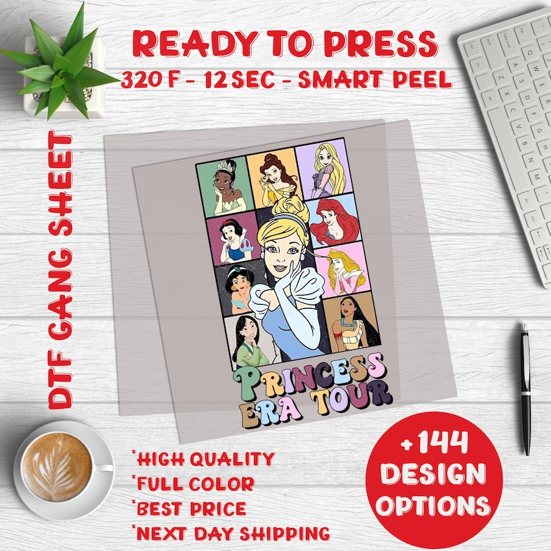 May include: A digital transfer sheet with a design featuring a collage of Disney princesses with the text "Princess Era Tour". The sheet is ready to press with instructions to use a heat press at 320 degrees Fahrenheit for 12 seconds with a smart peel.