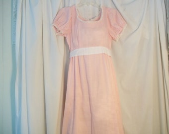 Pink Gingham Maxi Dress Handmade A-Line Puff Sleeves Ruffled Lined Skirt Lace Trim