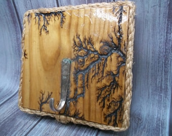 Vintage Handmade Fractal Art Key Hanger - Unique Pine Wood Lichtenberg Design with Copper Hook - FREE Gift Included!!