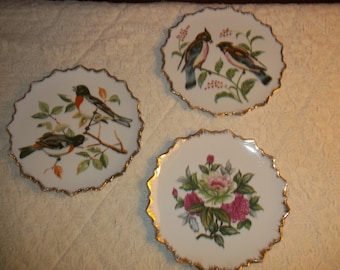 Puede incluir: Tres platos decorativos con borde dorado. Un plato presenta un diseño floral con flores rosas y blancas. Los otros dos platos presentan pájaros en ramas con hojas verdes.