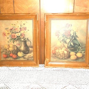 Henk Bos Still Life Prints – 2 Piece Maple Wood Frame Set – Dutch/American Artist – Floral & Fruit Kitchen Wall Art - FREE Gift Included!